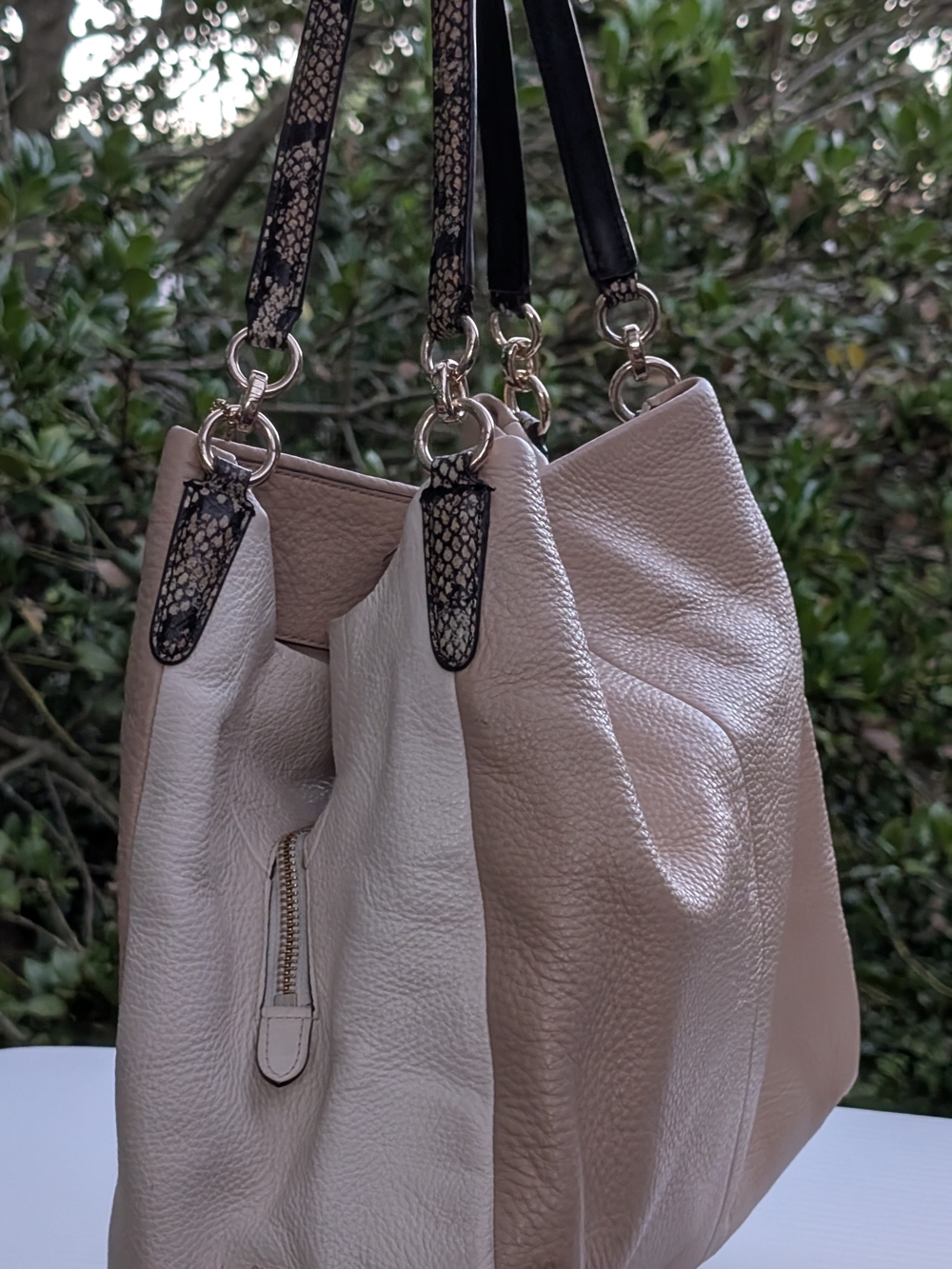 Coach Two-Tone Pebbled Leather Edie Shoulder Bag in Blush and Cream